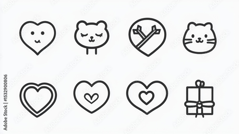 Cute and simple icons featuring hearts, animals, and a gift, suitable for various digital designs and projects Cute and simple icons featuring hearts, animals, and a gift, suitable for various digital designs and projects