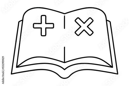 Open book with plus and cross symbols line-art illustration
