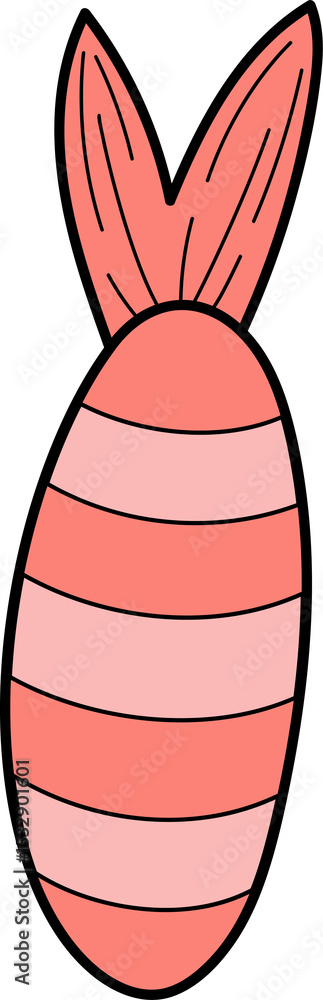 Fototapeta premium Cartoon-style striped egg with bunny ears is floating in flat design, transparent background