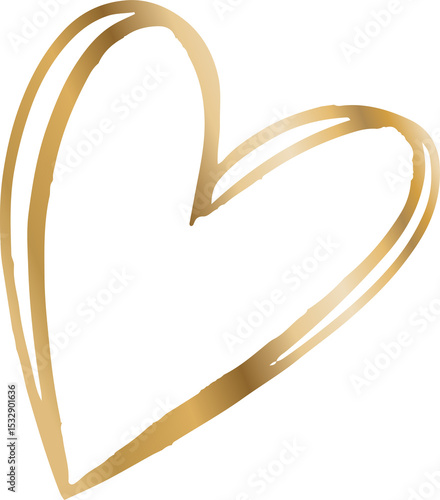 Stylized gold heart is floating on transparent background, showing calligraphic brushstroke texture