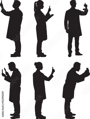 Scientists conducting experiments lab research silhouettes showing diverse team working in science
