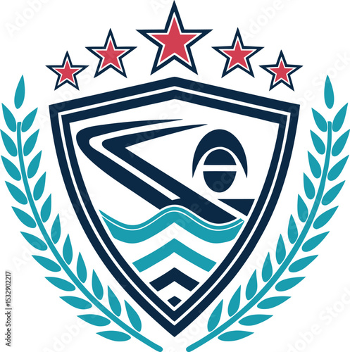 A Symbolic Emblem: Swimmer's Crest with Starry Adornment and Verdant Laurel Wreath, Representing Aquatic Excellence and Prestigious Accomplishments in Swimming