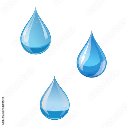 Blue water drops with varying transparency and reflections on white background