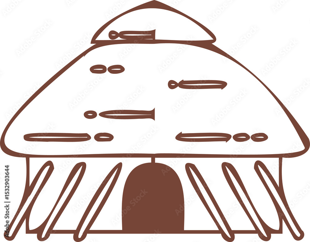 Fototapeta premium Flat line art is showing wooden hut with arched doorway and roof planks on transparent background