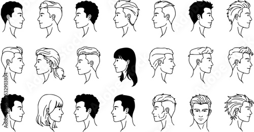 Transparent PNG available
man woman profile line art head, hairstyle, men, women outline collection, variety line art. features 27 unique hairstyles, male and female head silhouettes, showcasing vario