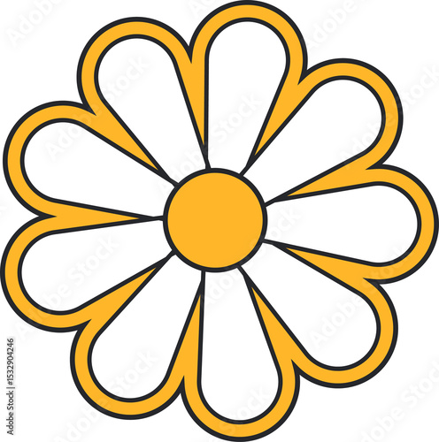 Fototapeta Naklejka Na Ścianę i Meble -  Flat graphic daisy motif floating on transparent background featuring 10 white petals  and  golden d