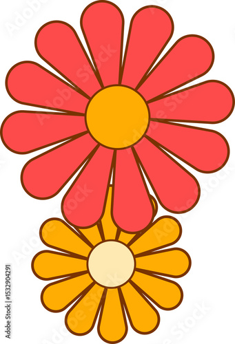 Fototapeta Naklejka Na Ścianę i Meble -  Flat design red and orange daisy motifs are appearing on transparent canvas with bold outlines