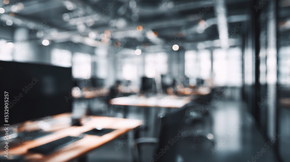 Obraz premium Blurred Background of Modern Office Workspace with Soft Lighting Effects