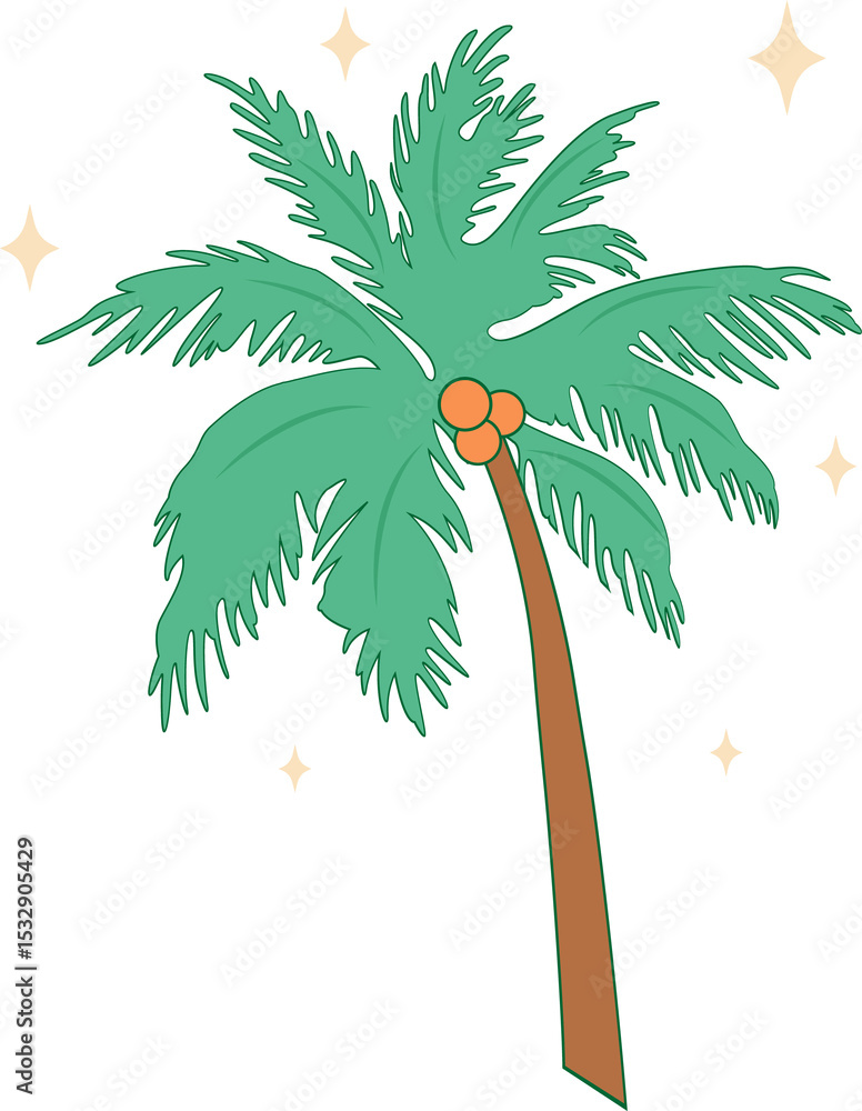 Fototapeta premium Cartoon-style palm tree is floating on transparent backdrop with jagged fronds, coconuts, sparkles