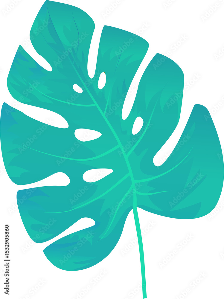 Naklejka premium Stylized monstera leaf featuring flat design with gradient turquoise tones, transparent background