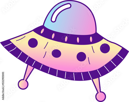 Cartoon UFO is floating on transparent backdrop, showing gradient dome, pastel body, landing legs