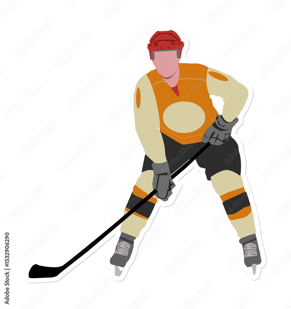 Naklejka premium Ice hockey player is leaning forward in transparent flat vector, showing red helmet, stick, skates