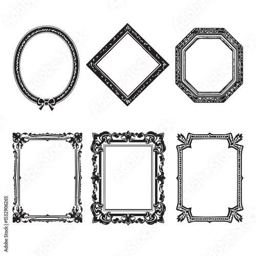 Six ornate black and white picture frames collection