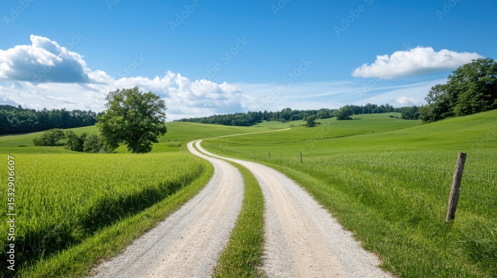 Scenic Gravel Road Through Lush Green Landscape Under Blue Sky Scenic Gravel Road Through Lush Green Landscape Under Blue Sky