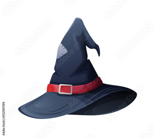 Vector illustration of a classic witch hat with a red belt and patch detail, isolated on a white background. Perfect for Halloween designs, party decor, and spooky-themed projects