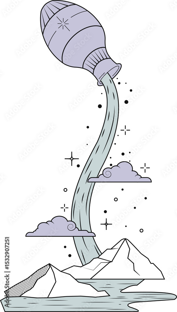 Fototapeta premium Flat design jug sprinkling teal water through sparkles, clouds over mountain lake transparent bg