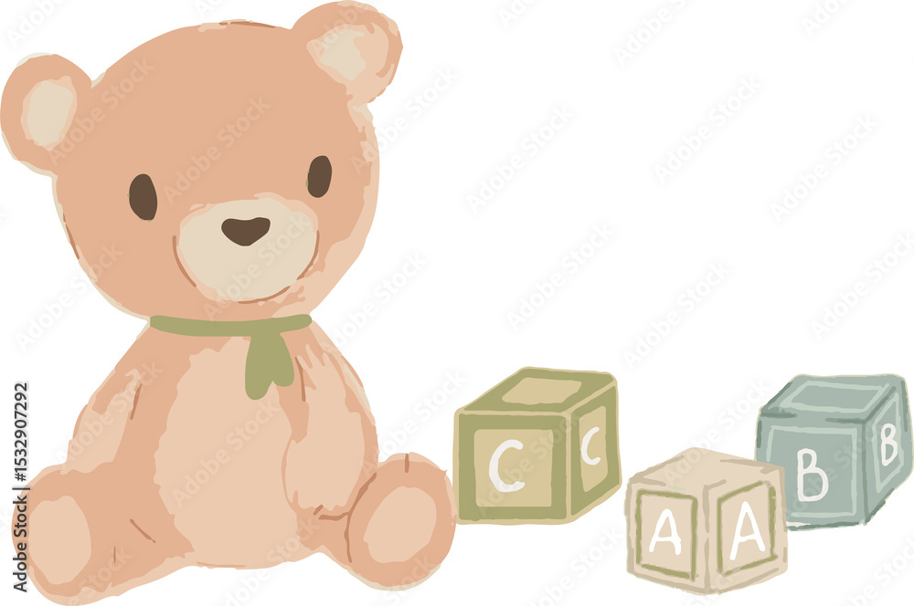 Obraz premium Watercolor pastel teddy bear is sitting by 3 ABC blocks on transparent backdrop wearing green bow