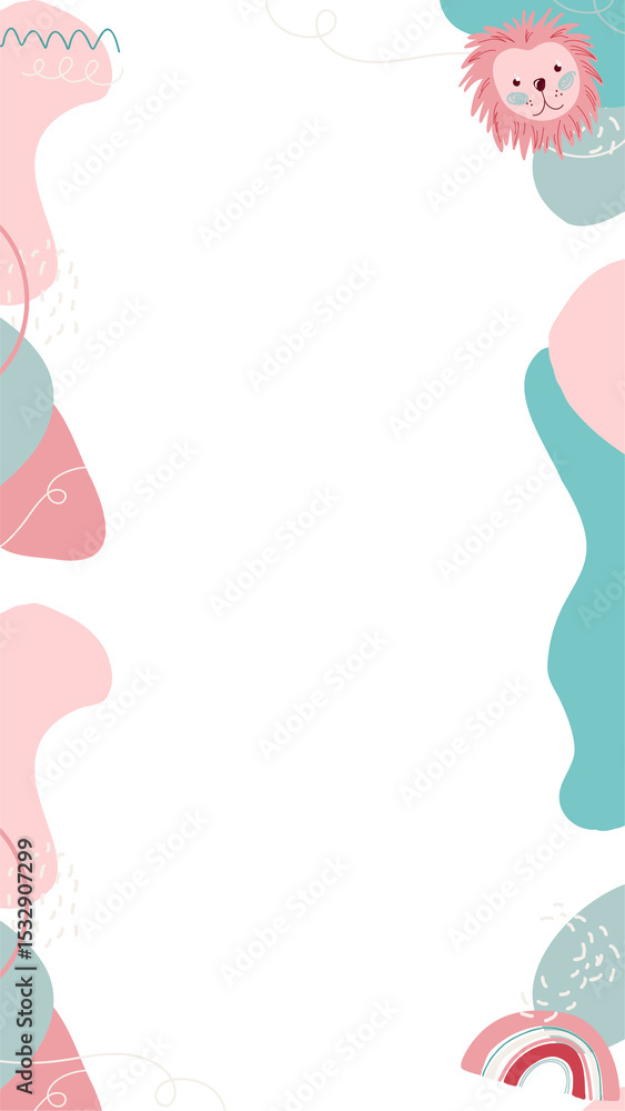 Obraz premium Decorative border framing transparent area showing pastel shapes lion head and rainbow, copy space