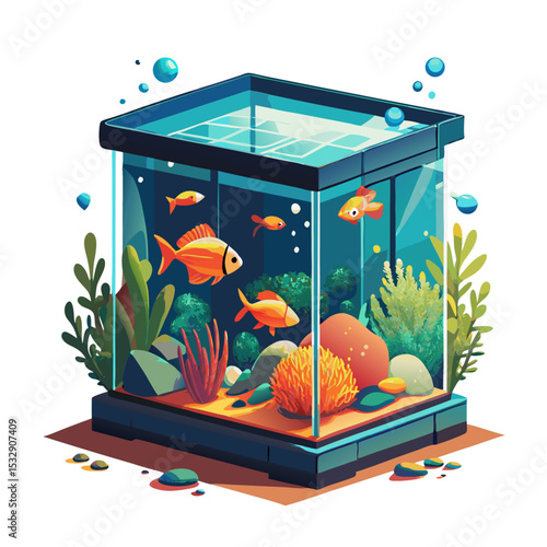 Colorful Fish Tank Vector with Tropical Fish and Aquarium Decorations

