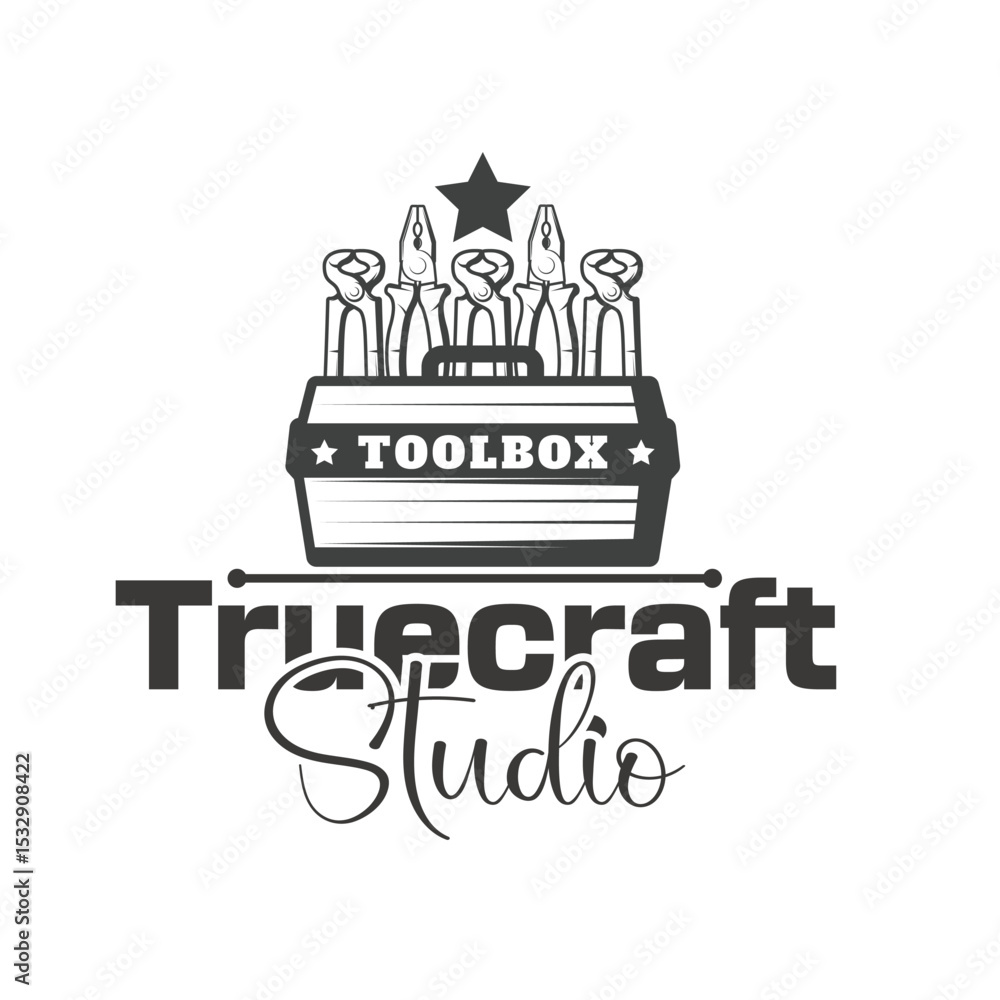 Naklejka premium Truecraft Studio Logo with Toolbox and Tools Silhouette