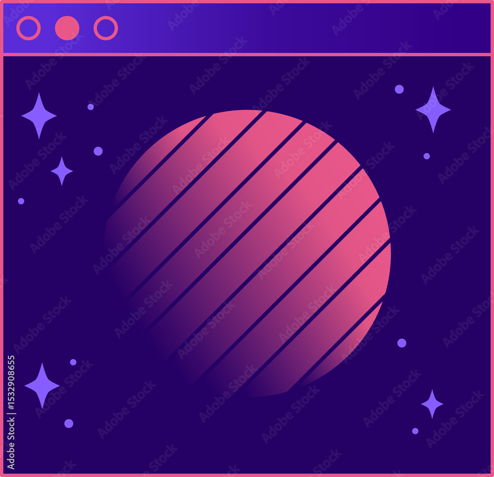 Fototapeta premium Striped gradient circle is appearing in flat web frame with stars and dots, transparent background