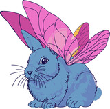 Blue rabbit with pink butterfly wings is resting in stylized flat design, transparent background