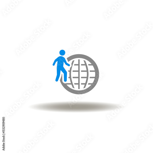 Vector illustration of earth planet and walking man. Icon of migrant person. Symbol of migration.