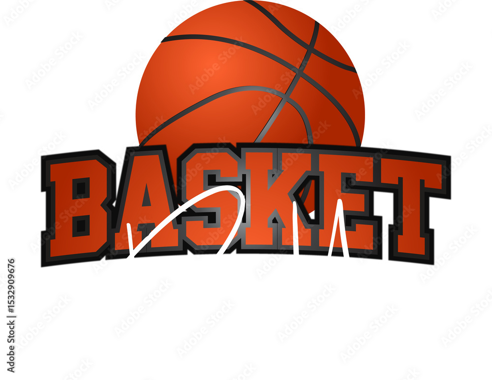 Fototapeta premium Logo is featuring 3D basketball and bold BASKET text with flowing Ball cursive on clear background