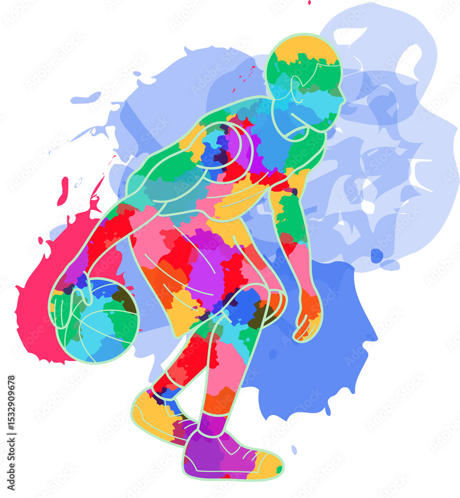 Fototapeta premium Colorful figure with blue shape is dribbling basketball in flat design on transparent background