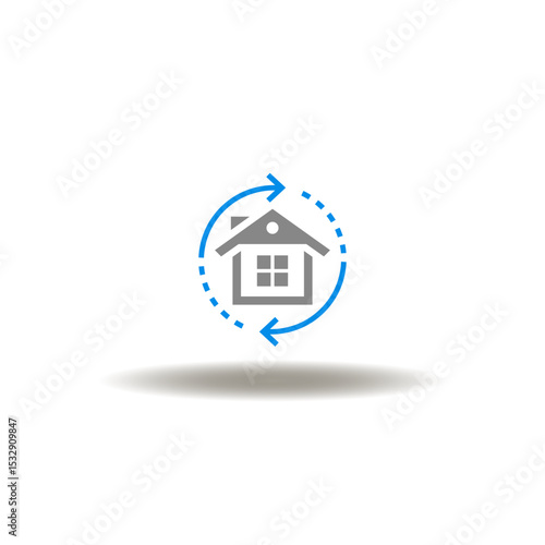 Vector illustration of house and round arrows processing. Symbol of migration. Icon of new home. Sign of construction building, renovation.