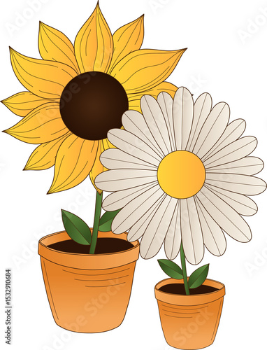 Fototapeta Naklejka Na Ścianę i Meble -  Yellow sunflower and daisy are standing in flat design in terracotta pots, transparent background