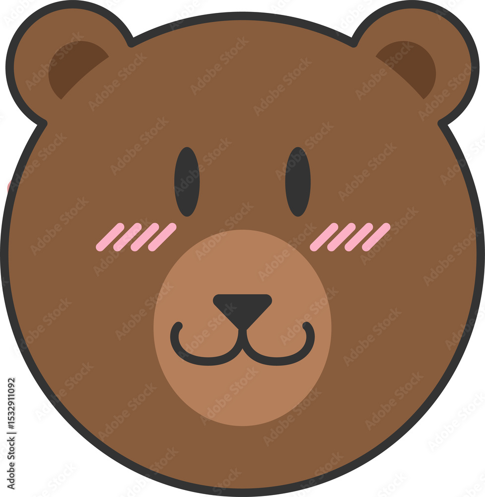 Naklejka premium Stylized flat design bear face is appearing on transparent background, featuring pink blush stripes
