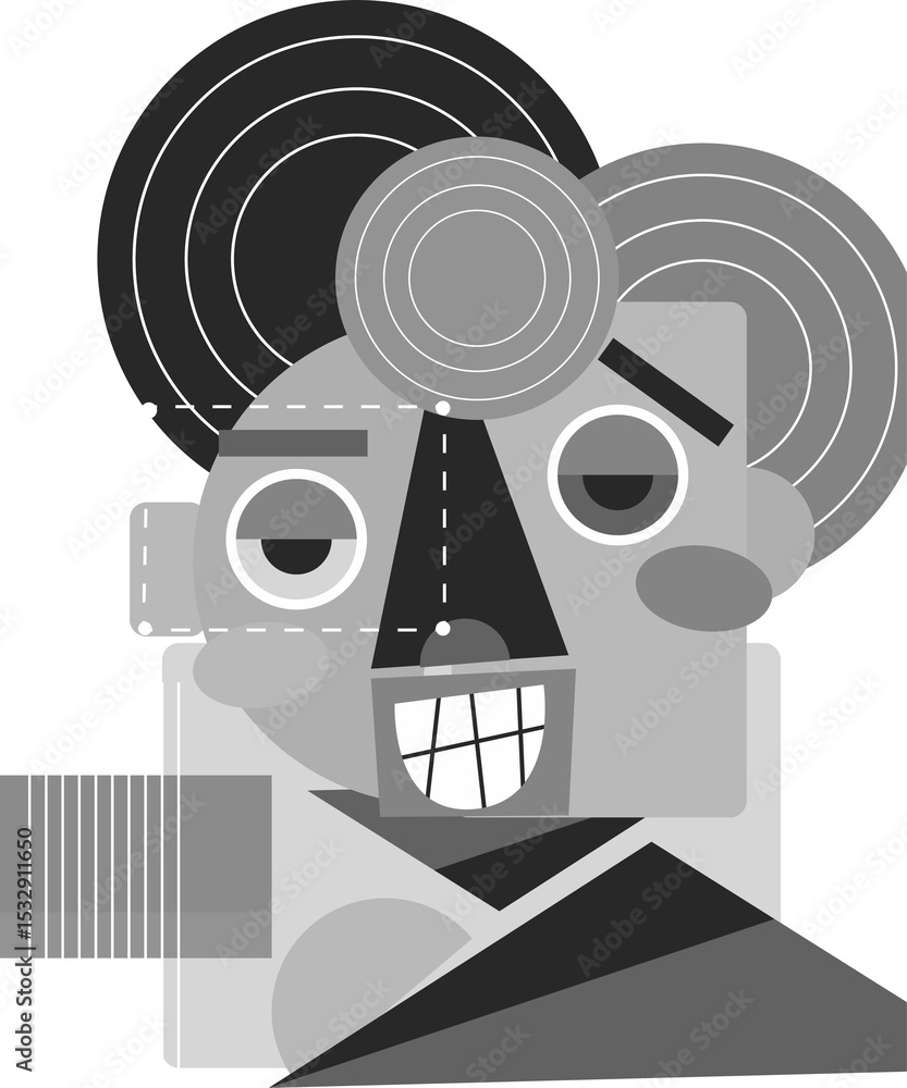 Naklejka premium Flat geometric face illustration is showing ring shapes and grid mouth on transparent background