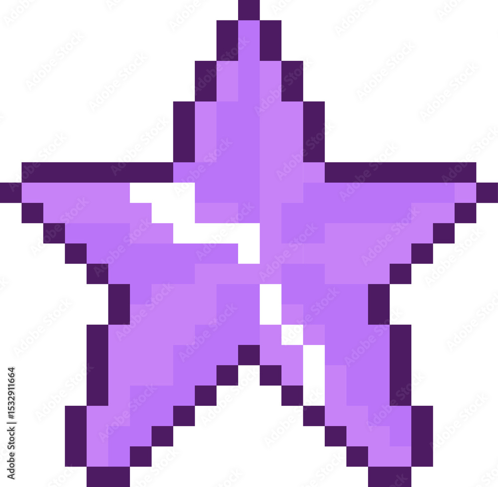 Purple pixel-art star is shining on transparent background with dark border and white highlights Purple pixel-art star is shining on transparent background with dark border and white highlights