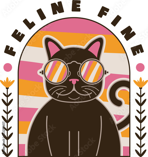 Fototapeta Naklejka Na Ścianę i Meble -  Flat brown cat is wearing round sunglasses in striped arch, floral accents transparent background