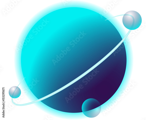Fototapeta Naklejka Na Ścianę i Meble -  Futuristic abstract planet orb is orbiting with glowing ring and three orbs, transparent background