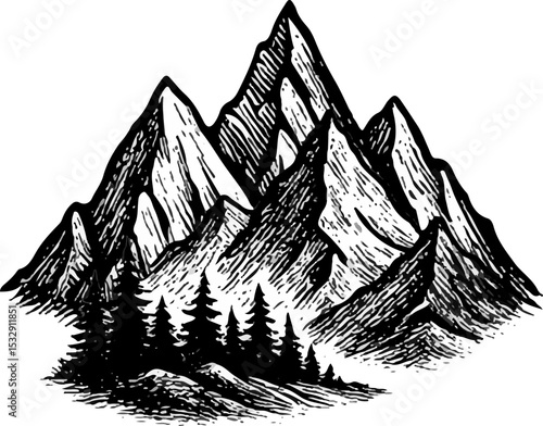 A striking black and white, hand-drawn illustration of rugged mountains with a forest of pine trees at their base, perfect for conveying themes of nature, adventure, and wilderness