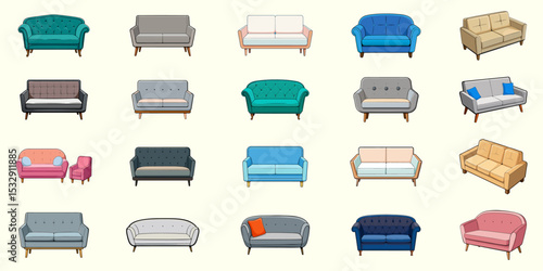 Sofas set. Luxury couch for apartment, comfort sofa models and modern house sofas. Domestic couch furniture, cozy luxury fashion sofas. Vector illustration