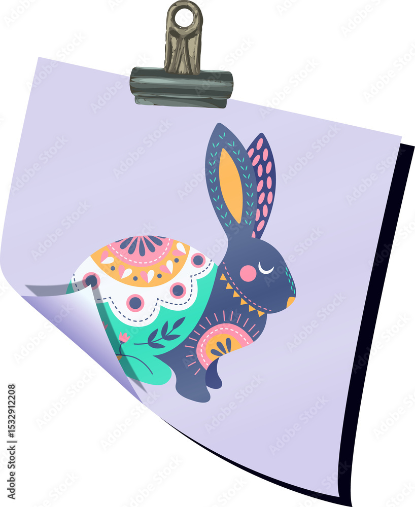 Obraz premium Showing flat design binder clip holding lilac paper with patterned rabbit on transparent background