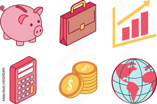 Isometric financial icons depicting banking investment growth and global economy