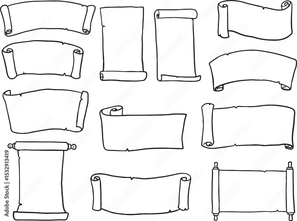 Obraz premium A comprehensive collection of hand-drawn blank scroll and paper banners in various shapes and sizes. These versatile doodle elements are perfect for adding a vintage, medieval.