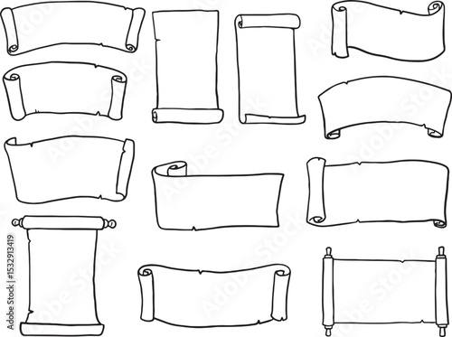 A comprehensive collection of hand-drawn blank scroll and paper banners in various shapes and sizes. These versatile doodle elements are perfect for adding a vintage, medieval.