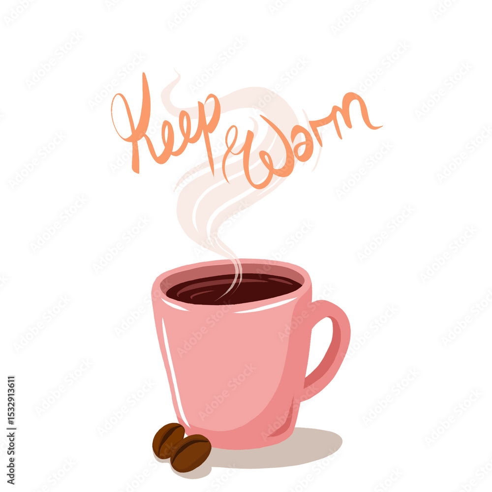 Obraz premium Showing flat design pink mug with coffee beans and steam text Keep warm on transparent background