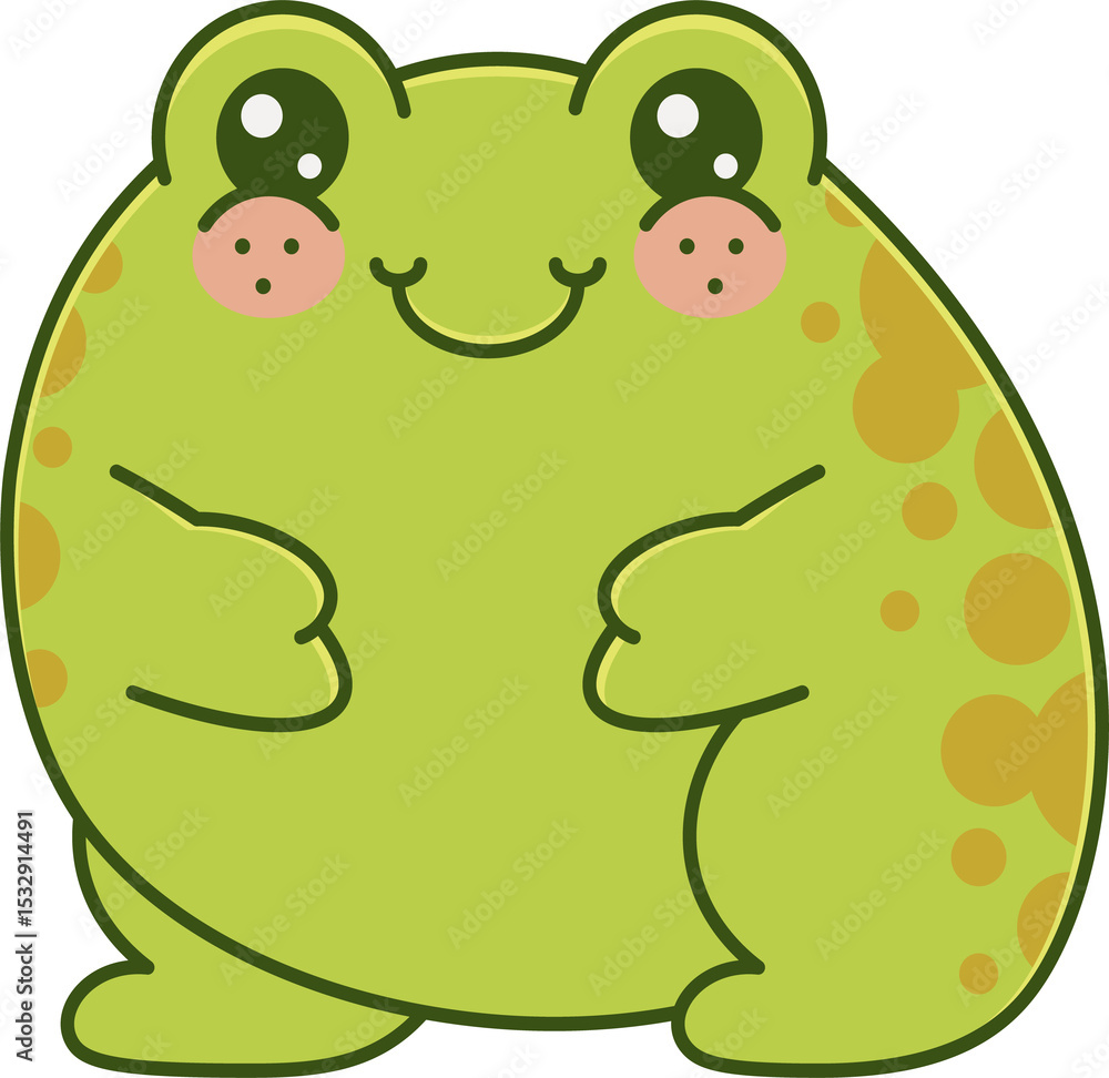 Chubby green frog cartoon is showing transparent sticker with glossy eyes and orange spots Chubby green frog cartoon is showing transparent sticker with glossy eyes and orange spots