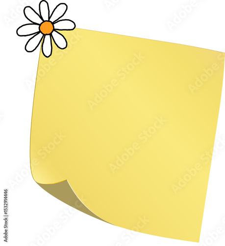 Fototapeta Naklejka Na Ścianę i Meble -  Flat design yellow sticky note is floating on transparent background, featuring white daisy accent
