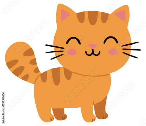 Cute cartoon vector illustration of a happy orange tabby cat. This playful character design offers a cheerful and friendly visual. Perfect for children's products, pet themes, or nursery decor.