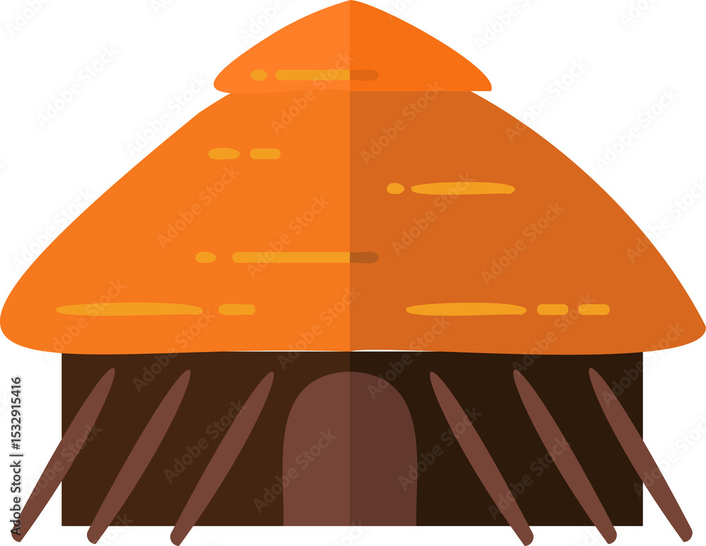 Fototapeta premium Showing flat hut with orange thatched roof, wooden poles, arched doorway, transparent background
