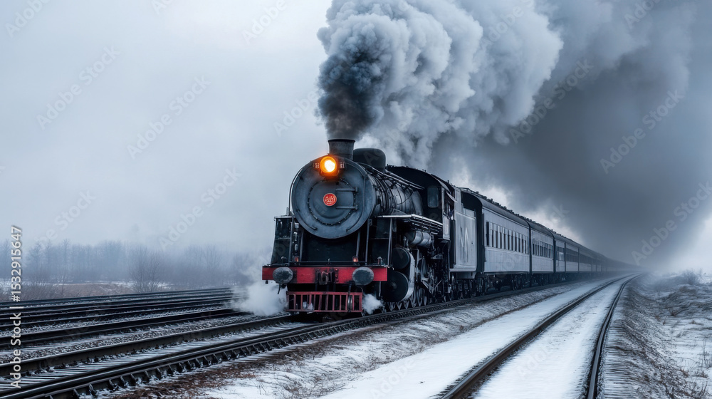 Obraz premium Vintage Steam Train Traveling Through Snowy Landscape in Winter Season