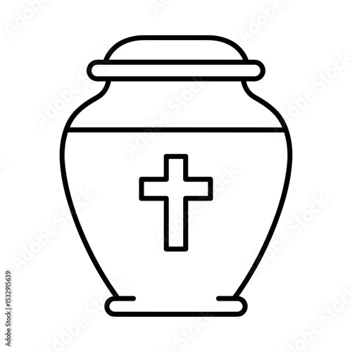 Funeral urn with decorative cross in minimalist line art style  
