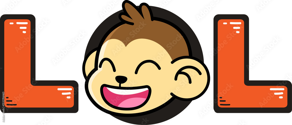 Naklejka premium Cartoon monkey head is forming LOL between two block Ls in flat graphic, transparent background